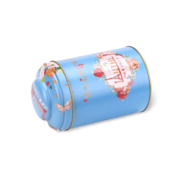 Individuelle zylindrische Teedose mit Kuppeldeckel – Blau mit Blumenmuster
