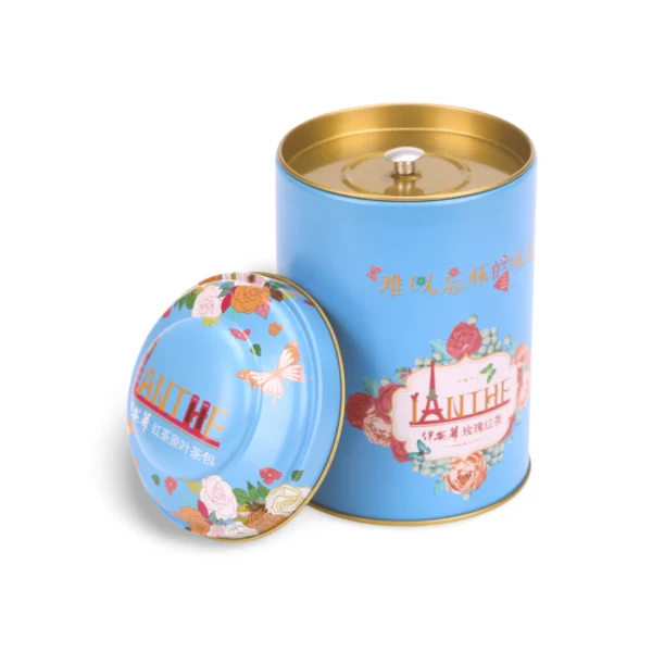 Individuelle zylindrische Teedose mit Kuppeldeckel – Blau mit Blumenmuster