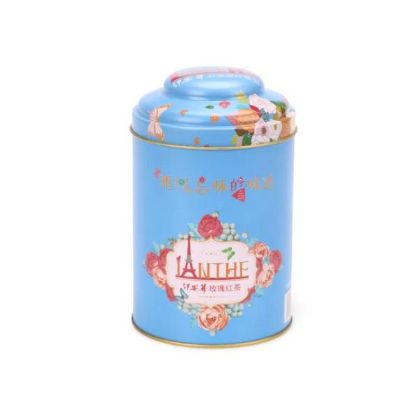 Individuelle zylindrische Teedose mit Kuppeldeckel – Blau mit Blumenmuster