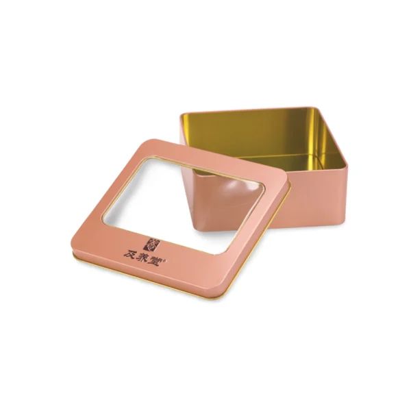 Caja metálica cuadrada personalizada con tapa con ventana – Oro rosa