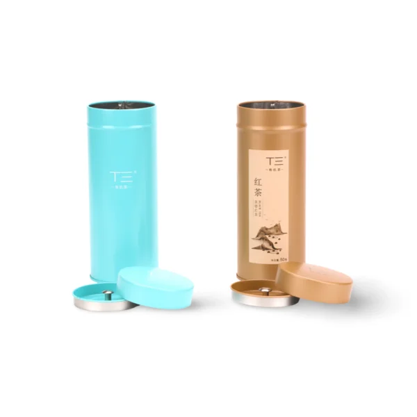 Lata para té cilíndrica alta personalizada con tapa doble – Azul cian