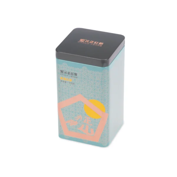 Lata para té cuadrada alta personalizada con tapa de enchufe negra – Juego rojo/verde azulado