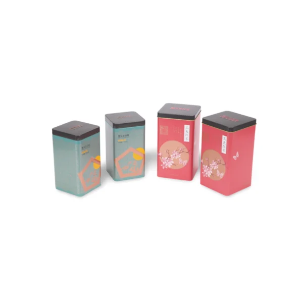 Lata para té cuadrada alta personalizada con tapa de enchufe negra – Juego rojo/verde azulado
