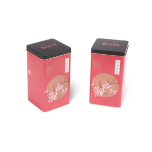 Lata para té cuadrada alta personalizada con tapa de enchufe negra – Juego rojo/verde azulado