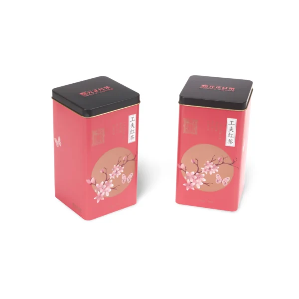 Lata para té cuadrada alta personalizada con tapa de enchufe negra – Juego rojo/verde azulado
