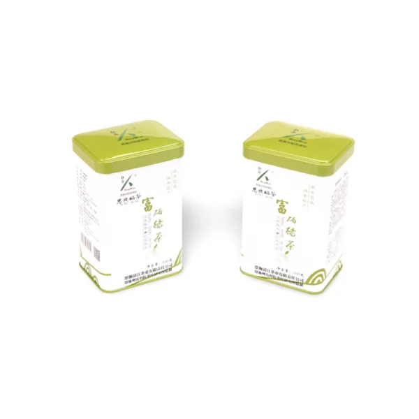 Caixa de lata personalizada para chá – Design branco e verde