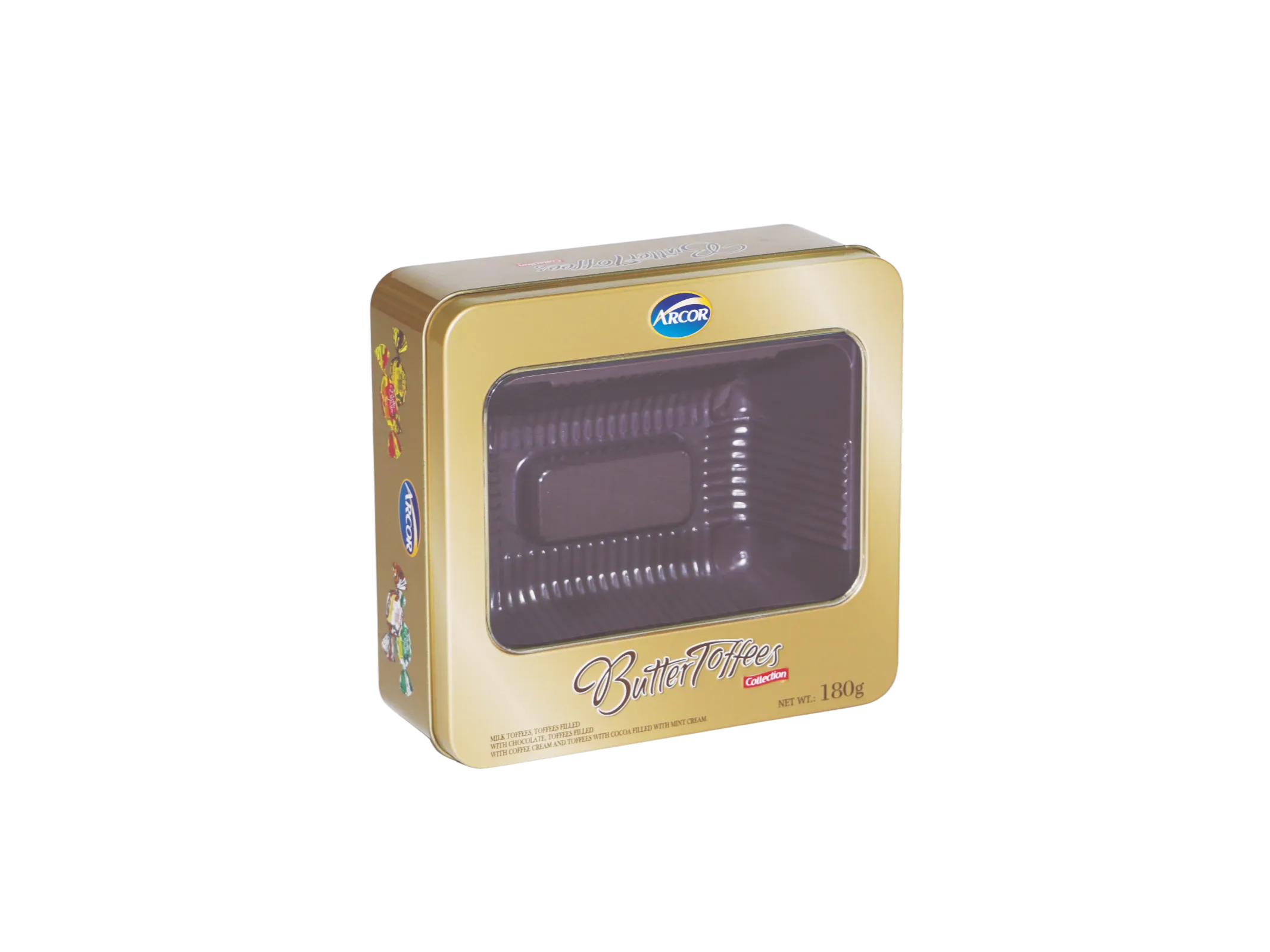 Imballaggio in banda stagnata con finestra personalizzato per ARCOR Butter Toffees 4 Espositore quadrato impilabile per dolciumi in banda stagnata