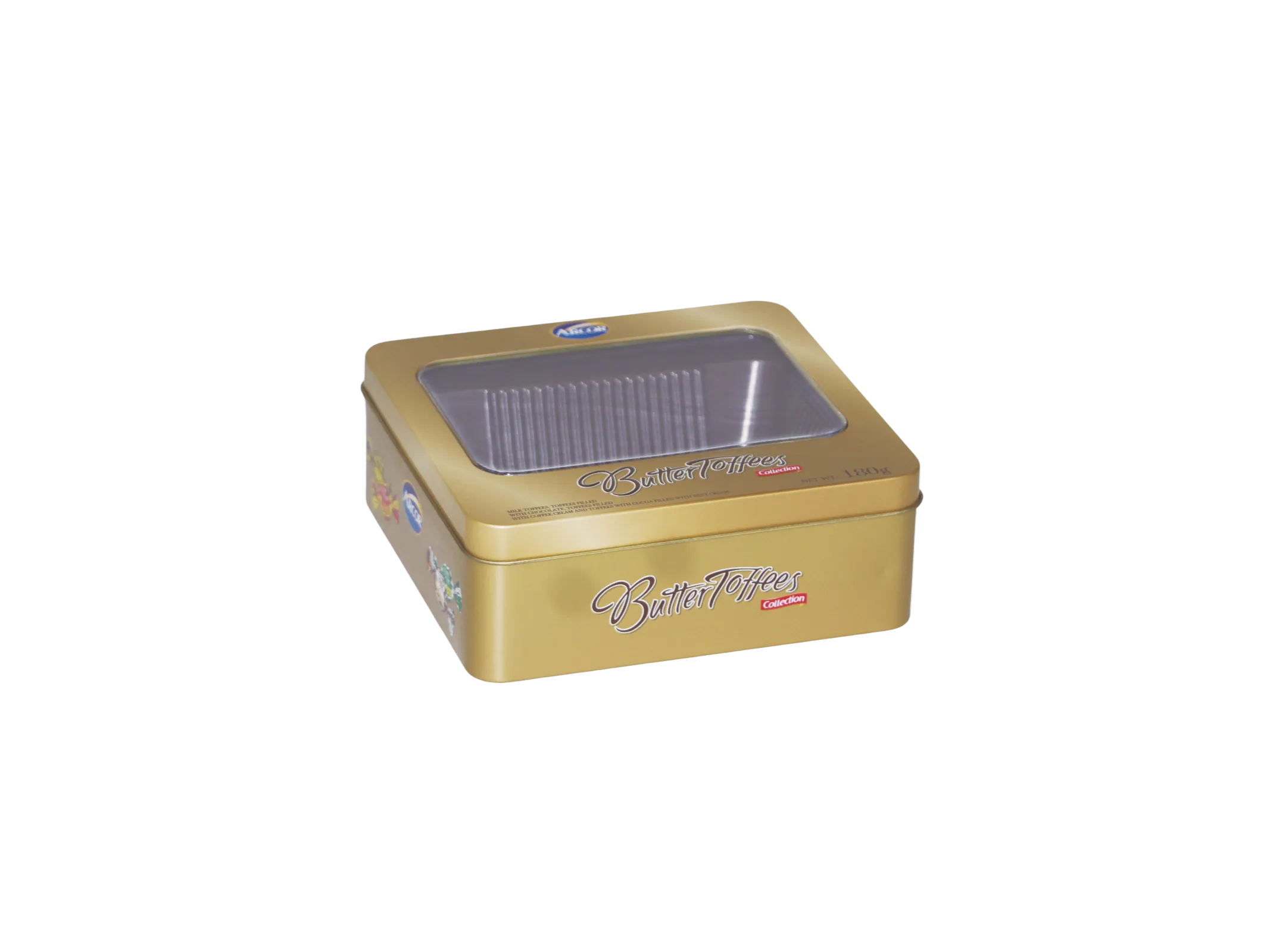 Imballaggio in banda stagnata con finestra personalizzato per ARCOR Butter Toffees 3 Primo piano della finestra in PET e della stampa dorata metallizzata
