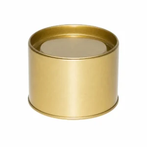 Foto del prodotto di scatola in latta personalizzata rotonda dorata per tè, n. 1, realizzata da JIAMU Packaging