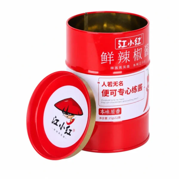 Foto do produto da caixa de lata personalizada para chá em forma cilíndrica vermelha, modelo 3, da JIAMU Packaging