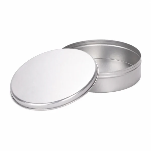 Foto del prodotto di scatola in latta personalizzata rotonda piatta argento 3 di JIAMU Packaging